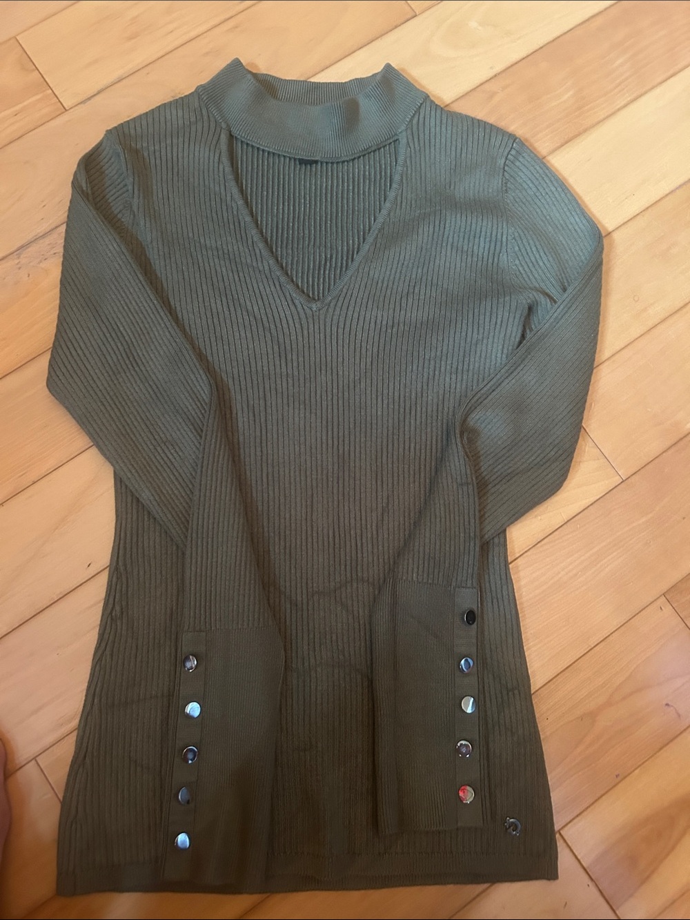 Guess Olive Green Ribbed Mock-Neck V-Slit Sweater